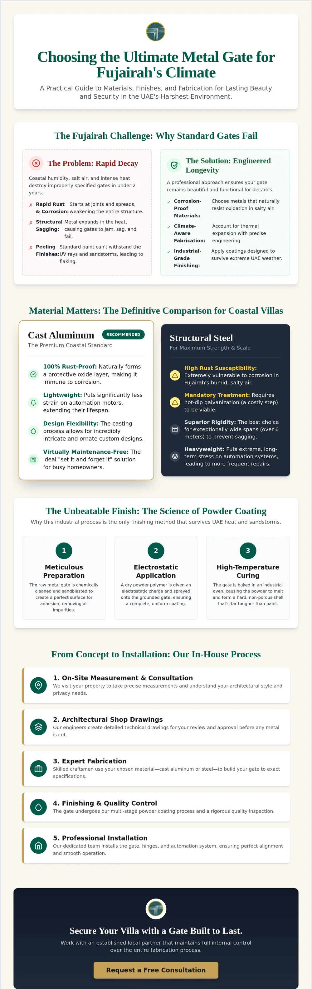 Infographic — choosing the ultimate metal gate for Fujairah's climate: why standard gates fail, cast aluminium vs steel, the science of powder coating, and the in-house process