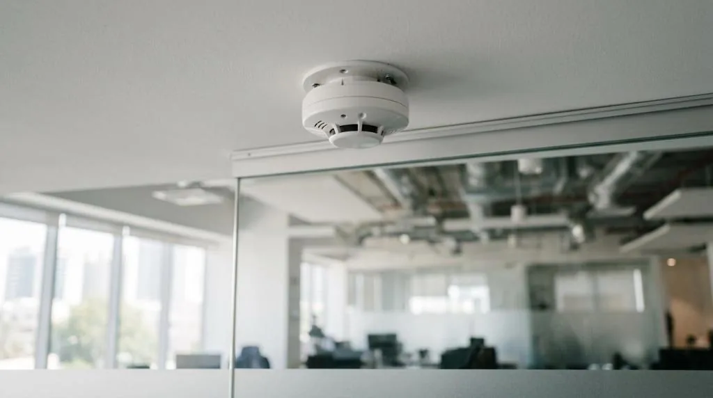 Smoke detector mounted directly above a full height office glass partition