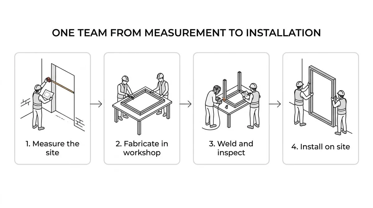 Al Taher Group site welding workflow: measure the site, fabricate in the workshop, weld and inspect, then install on site
